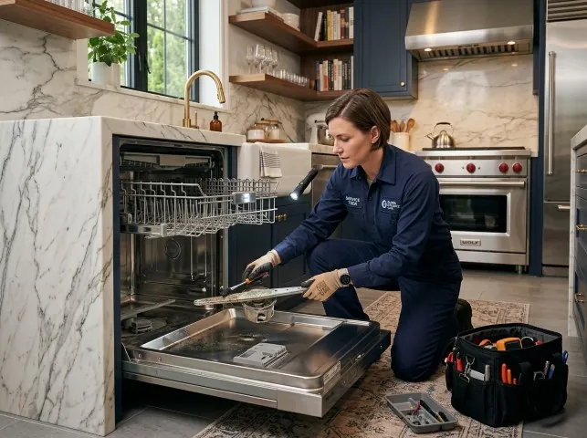 Appliance Repair Hero technician servicing a built-in dishwasher in a Bedford, VA kitchen