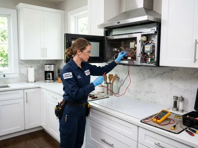Appliance Repair Hero technician testing an over-the-range microwave in a Bedford, VA kitchen